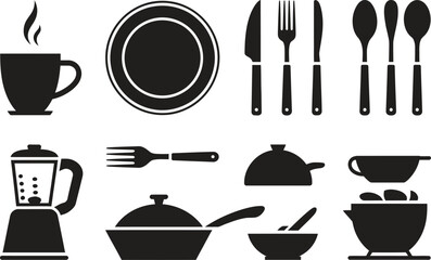 Kitchen utensils, cup, plate, knife, spoon, blender, pot, cooking icons. Vector kitchen illustrations