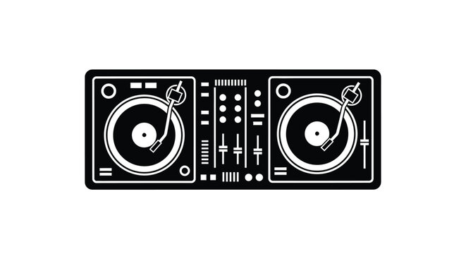 Black and white illustration of a classic dj turntable setup