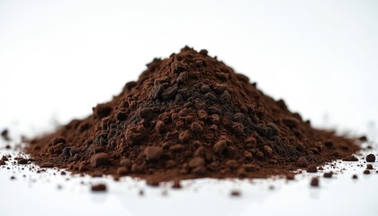 Close-up of dark brown soil heap against white background. Rich cocoa powder forms textured pile suggesting compost or earth preparation. Macro shot highlights granular composition, natural texture.