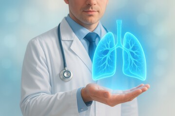Male doctor displaying holographic lungs in hand, representing modern healthcare and digital diagnostics. Concept of respiratory health, innovation, and medical technology.