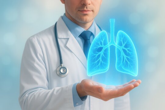 Male doctor displaying holographic lungs in hand, representing modern healthcare and digital diagnostics. Concept of respiratory health, innovation, and medical technology.