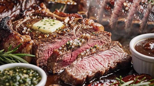 Gourmet grilled tomahawk steak platter served with sauces and vegetables