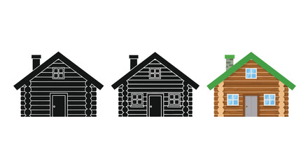 Three variations of a log cabin illustration with differing styles