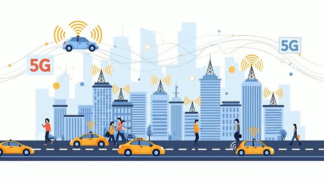 Futuristic Smart City with 5G Network and Autonomous Transportation Technology.