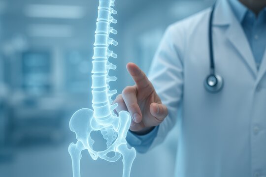 Doctor examining a translucent spine model in a modern medical facility, illustrating advancements in healthcare and orthopedic diagnostics. Concept of anatomy, health, and technology.