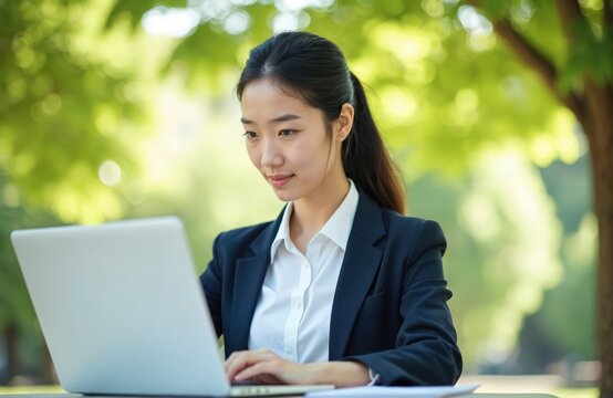 Young Asian businesswoman works on laptop computer outdoors. Sits in green park, surrounded by nature, bright sunlight. Pro female uses tech for remote work, studying, freelancing outside. Looks