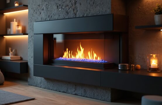 Modern bioethanol fireplace flames brightly. Interior decor includes shelves stone wall. Fire, warmth in cozy contemporary home. Eco friendly alternative for heating. Burning flames gives comfort,