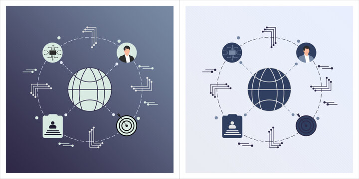 Modern flat vector illustration representing global connectivity and digital network systems. Perfect for themes like international business, AI technology, internet networks.