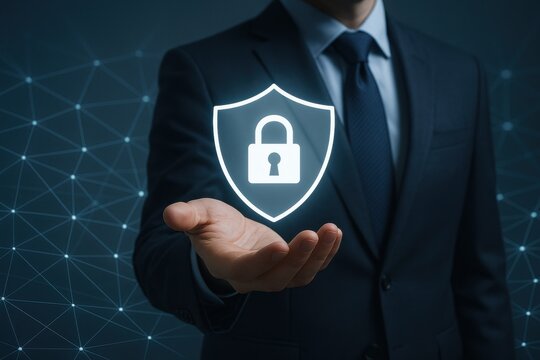 Businessman presenting digital shield with padlock symbolizing cybersecurity and data protection. Concept of safety, trust, and technology in modern corporate environment.