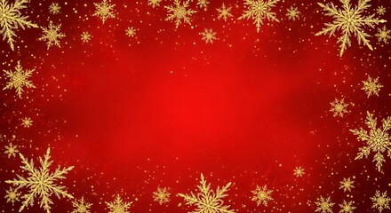 Elegant golden snowflakes on festive red background, glittering Christmas and winter holiday border design