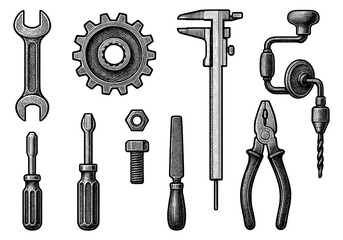 Obraz premium Hand engraved toolbox tools collection in vintage style