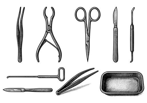 Vintage surgical tools engraving style collection for medical themes