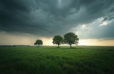 Green field with trees under stormy cloudy sky. Trees stand in grassy meadow. Dark clouds gather overhead. Weather change in nature. Landscape with green grass and trees.