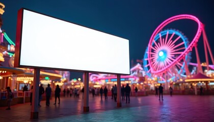 Blank billboard at night amusement park entrance. Colorful rides glow with neon lights, people walk around, festive atmosphere, outdoor fun.