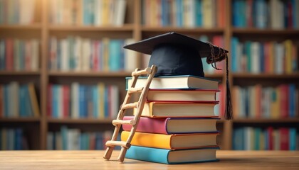 Stack of diverse books with graduation cap. Small wooden ladder leans on pile, suggesting academic journey and quest for knowledge. Library shelves with colorful volumes background.