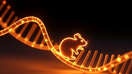 Two glowing DNA strands forming a tiny luminous mouse silhouette, representing genetic innovation.