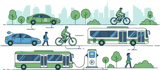 Obraz premium Sustainable Transportation Electric Vehicles, Buses, Bicycles, and Pedestrians in a Green City