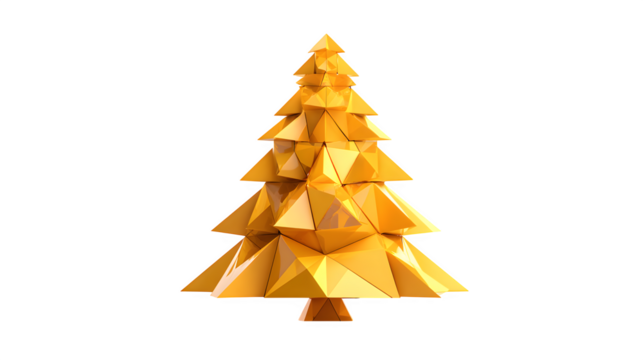 Bright yellow Christmas tree crafted from geometric triangular panels with subtle reflections, futuristic festive decor concept isolated on white background