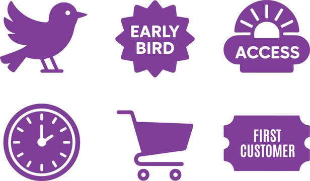 Early bird, customer, clock, shopping cart icons for promotion, sale, first access. Vector illustration - Powered by Adobe