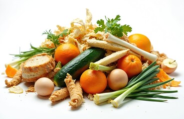 Pile of organic kitchen scraps on white. Variety of fruits vegetables and food waste. Concept of eco friendly sustainable lifestyle composting and recycling.