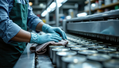 Factory worker blue glove green apron cleaning metal can production line industrial hygiene manufacturing assembly line focus workplace efficiency organized modern facility food processing safety