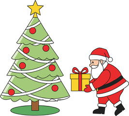 Cute Cartoon Santa Claus Placing a Wrapped Gift Next to a Decorated Christmas Tree for Holiday Season Vector.