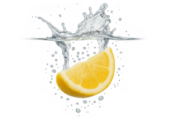 Lemon wedge dropping into fresh water creating a splashing ripple, isolated with transparent background