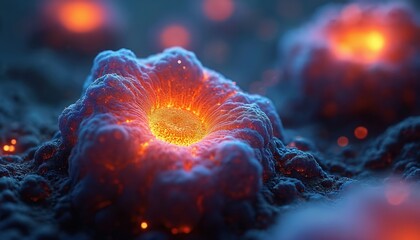 Microscopic view of glowing cells in vibrant orange and blue tones. Their textured surfaces appear to bubble and swirl, resembling molten lava under magnification.