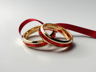 Two Gold Wedding Bands with Red Ribbon. Generative Ai