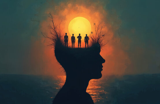 Silhouette head shows group of people on cliff with sun and ocean. Mindscape concept with inner thoughts, personal beliefs and inner world exploration.