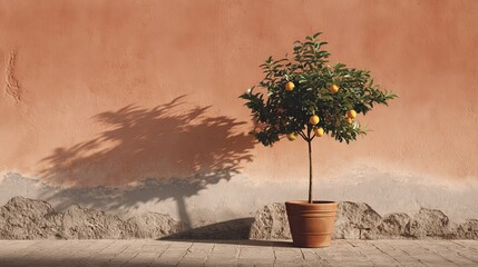 Potted citrus tree in terracotta pot casting soft shadow on pink and gray wall modern minimalist home decor plant interior background
