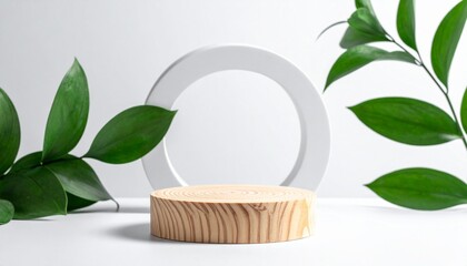 Abstract minimal scene with geometric forms. wood podium in white background with leaves. product presentation, mock up