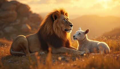 Lion rests near lamb on grassland with light. Metaphor portrays peace, harmony in wild nature. Image presents strength with gentleness. Concept symbolizes biblical prophecy animal friendship royalty.