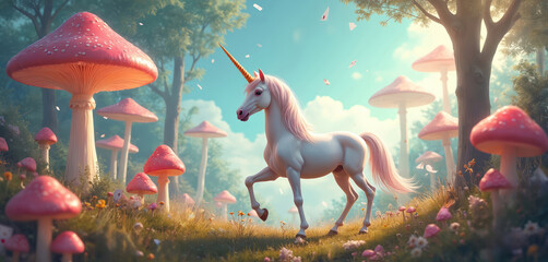 White unicorn walks through pastel forest landscape. Magical mushrooms surround graceful creature in whimsical dreamland. Illustration evokes a sense of adventure and childlike wonder.
