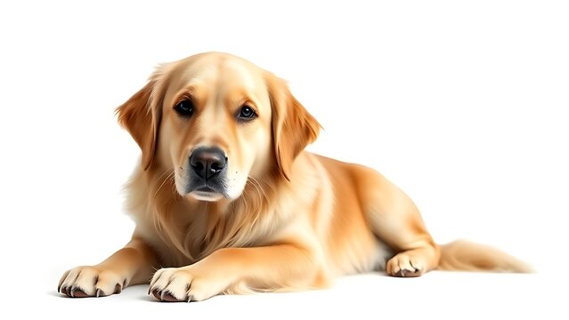 A golden retriever sits calmly on a clean white background, showcasing its friendly and gentle nature.