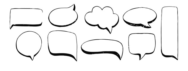 Obraz premium Crayon speech bubble set. Chalk pencil text boxes and dialog balloon. Charcoal doodle various text clouds, comic talk balloon with cute texture. Hand drawn vector kid's style talk speech bubble