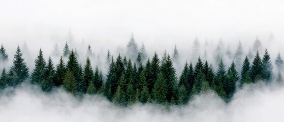 A dense forest of evergreen trees shrouded in thick fog, creating a mystical and serene natural landscape.