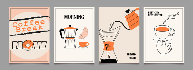 Сoffee break posters design. Illustrations with icons, stickers for menu, kitchen, cafe, pause, store. Hand with mug, kettle, croissant. Vector minimalist art.