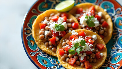 Three sopes topped with beans diced tomatoes and cheese served on a colorful plate with lime. This Mexican street food is a delicious snack.