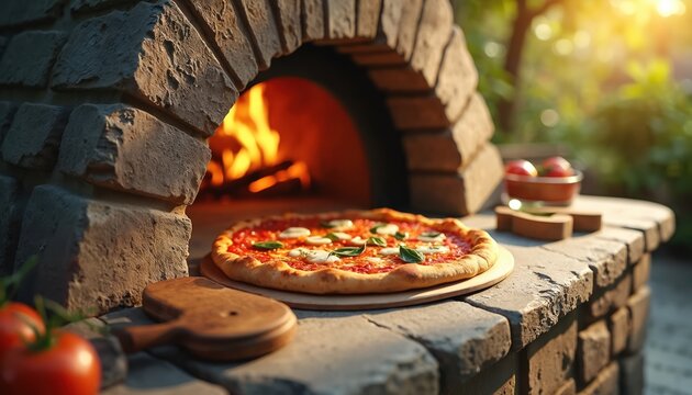 Delicious pizza baked in outdoor brick oven. Pizza is on wooden plate ready to eat. Fresh tomatoes near the pizza. Outdoor kitchen scene at the backyard.