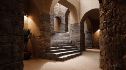 A photorealistic image of an ancient stone castle interior, featuring arched doorways and narrow staircases leading to the upper floor, illuminated by warm light from sconces on the walls.