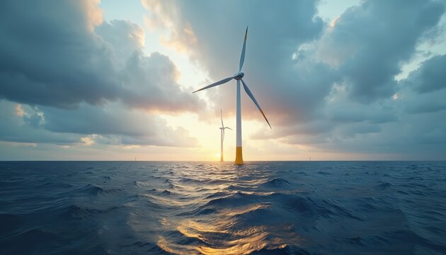Offshore wind turbines stand in the sea at sunset. Dark clouds gather above as waves ripple on the water surface. Renewable energy generation. - Powered by Adobe