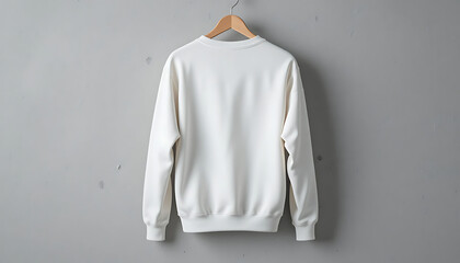 Blank white crewneck sweatshirt hanging on wooden hanger