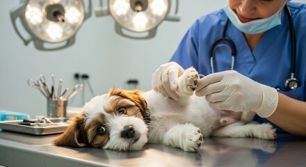 Veterinarian trimming adorable puppy’s nails during pet checkup in modern animal clinic exam room