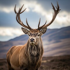 Fototapeta premium Majestic red deer stag with large antlers standing outdoors in wilderness, mountains and cloudy sky