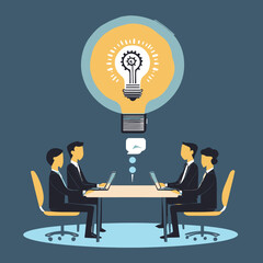 Business team collaboration meeting generating innovative creative ideas with laptops and large glowing light bulb concept illustration in flat style
