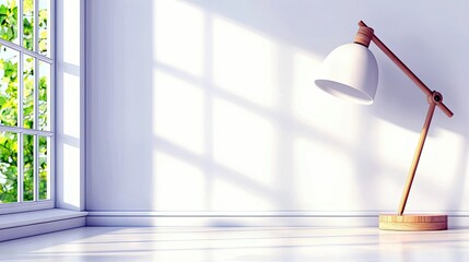 A minimalist interior scene featuring a modern desk lamp with a wooden frame and white shade, illuminated by natural light from a window.