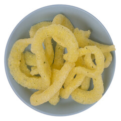 Isolated blue saucer with onion rings on a white background, top view