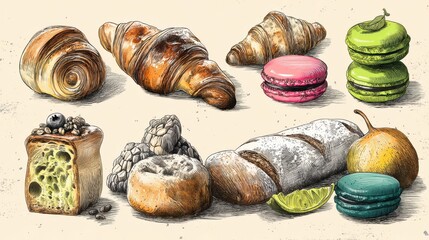 Creative workspace bakery clipart whimsical hand-drawn illustrations for culinary artistry