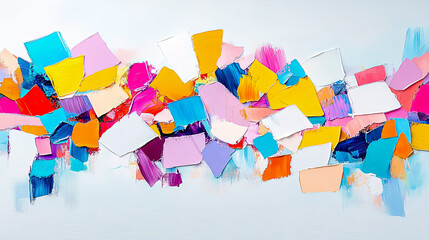 Modern abstract impasto painting showcasing vibrant array of thickly textured, multicolored paint swatches and energetic palette knife strokes arranged dynamically across light canvas background